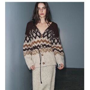 Zara sequin brushed fair isle tie waist belted cardigan